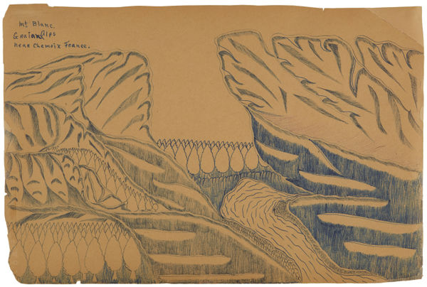 Ball point pen drawing of flat-topped mountain range and valley