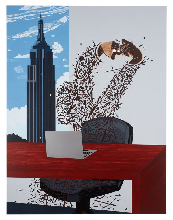 Painting of figure in filigree, sitting behind red desk with computer, Empire State Building seen through window