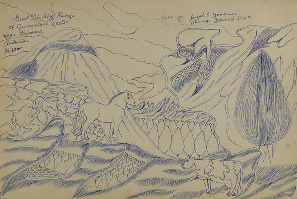 Ball point pen drawing of mountain scene with oversized white horse