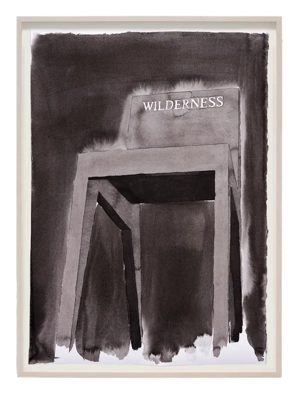 Framed ink drawing of simple wooden chair with 'Wilderness' inscribed on the seat back