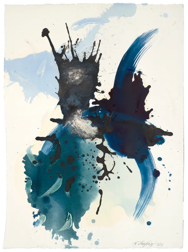 Multicolored abstract painting on paper with washes, stripes, and globs