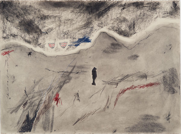 an arid landscape with clouds and a dark human shape