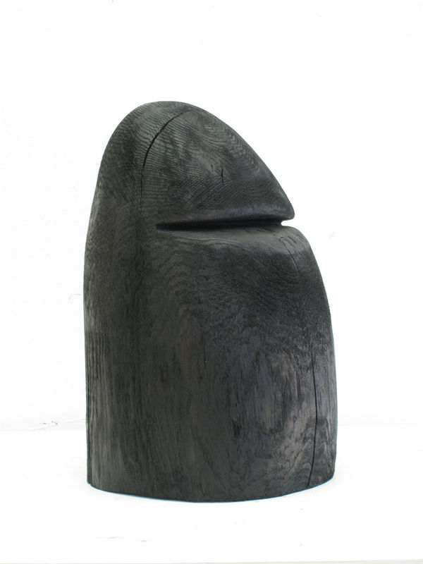 Carved wood sculpture with cartoon anatomical elements