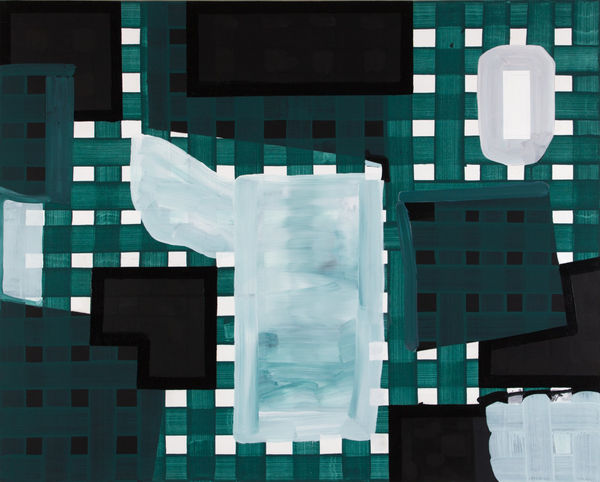 Abstract painting of geometric shapes in colors of black, green, and white