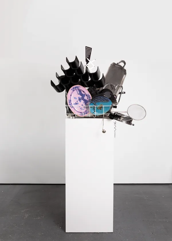 NICOLE WERMERS Abwaschskulptur (Dishwashing Sculpture) #14 2020 Various china, ceramic, kitchen utensils, modified dishwasher basket, plinth 81 7/8 x 35 3/8 x 33 1/2 inches; 208 x 90 x 85 cm