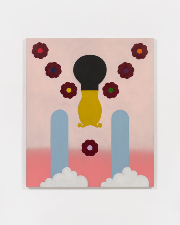 Colorful graphic painting with flowers and clouds against white wall