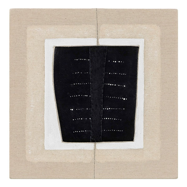 Claire Watson Not Exactly, 2023 remnant of leather coat sleeve, thread, canvas, gesso 13 x 13 inches