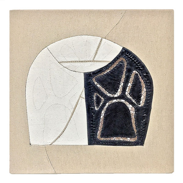 Claire Watson Insert, 2019 pattern part of leather jacket, thread, canvas, gesso 13 x 13 inches
