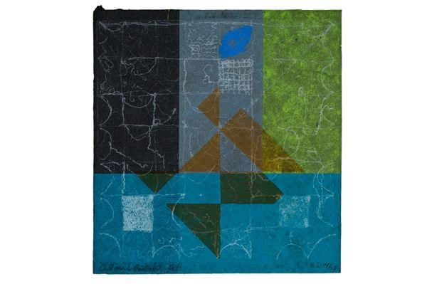 Alan Shields O.J., 1974 signed, dated, titled and numbered: Alan Shields 74 O.J. 14/28 serigraph, etching and relief with vegetable printing on black silk content handmade paper by Lucine Folgueras 6 3/8 x 6 inches 11 x 10 5/8 inches framed Edition of 28