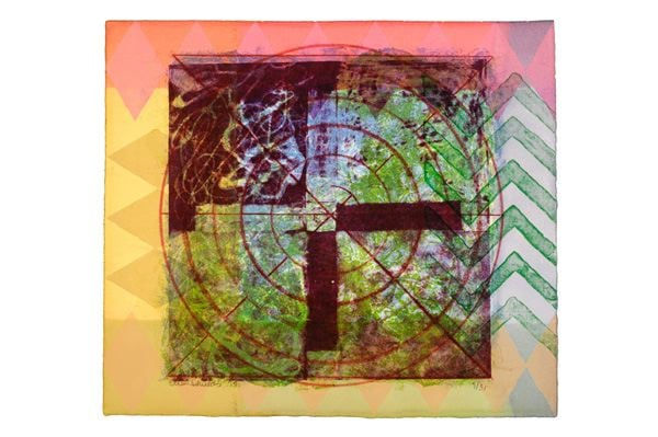 Alan Shields Slopes of Kentucky, 1974 signed and dated: Alan Shields 74 etching and lithograph on dyed Arches Cover 10 1/2 x 12 inches 15 x 16 5/8 inches framed Edition of 31