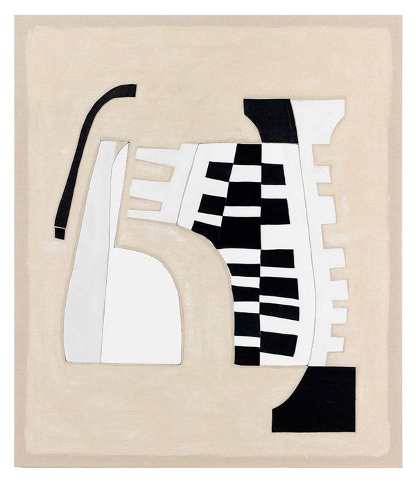 Claire Watson Filleted, 2023 pattern part of leather pants in 16 pieces, remnants, thread, canvas, gesso 42 x 36 inches