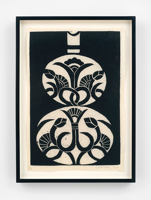 Elisabeth Kley Hyoutan Bottle with Papyrus Flowers, 2020 relief print on handmade Japanese paper 19 1/4 × 13 inches 22 × 15 3/4 × 1 1/2 inches framed Edition 1/4 + I AP (Edition record)