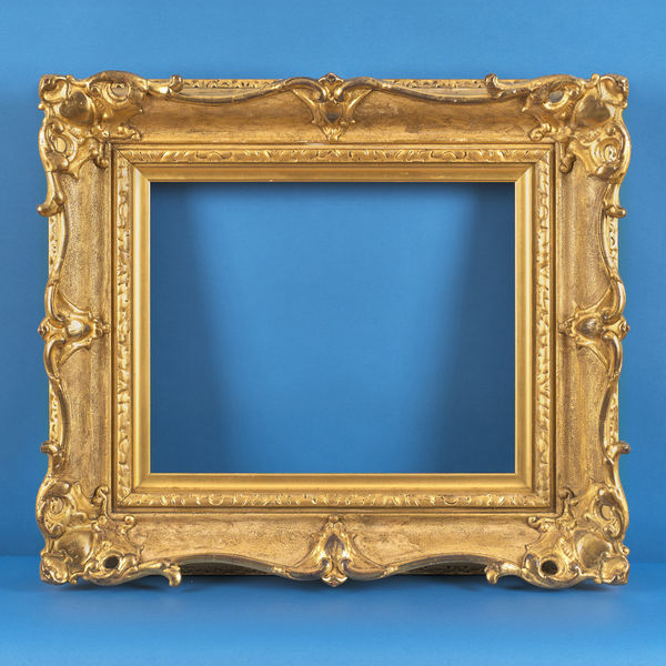 English swept frame, 19th century gilt compo swept; pierced corners with cabochon; solid centres; sanded ground; ornate inner and back edges; slip rebate size: 16.5 x 20.375 inches sight size: 15.625 x 19.5 inches width: 5.75 inches