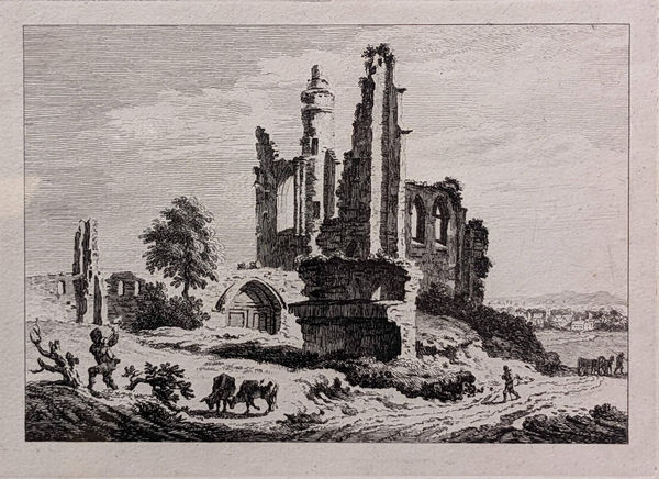 Paul Sandby, Ruined abbey with cattle and a man chopping wood, 1758