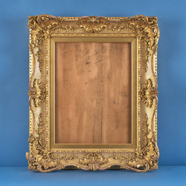 Scottish gilt swept frame, late 19th century gilt compo swept; corner and centre; cross-hatch ground; leaf and tongue inner; leaf back edge; slip rebate size: 20.375 x 15.5 inches sight size: 19.625 x 15 inches width: 5 inches