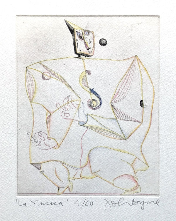 John Byrne RSA La Musica, 1998 signed, titled and numbered 4/60 in pencil to margin hand-coloured etching edition of 60 9 ½ x 7 ¾ inches