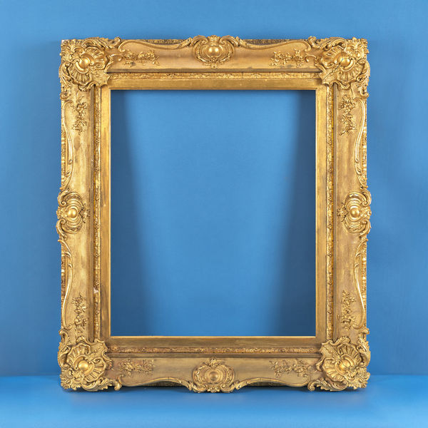 Scottish swept frame, 19th century maker's label for Chas. McFarlane, 39 North Frederick Street, Edinburgh gilt compo swept; net ground; foliate rocaille cartouche corners and centres; acanthus and shield back edge; integral slip with leaf and dart and triple pearl inner edge ornament rebate size: 30.5 x 25.5 inches sight size: 29.5 x 24.5 inches width: 6.125 inches