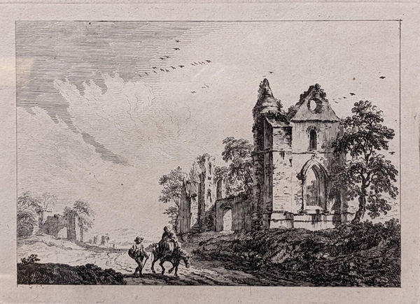 Paul Sandby, Ruined abbey with travellers on the road, 1758