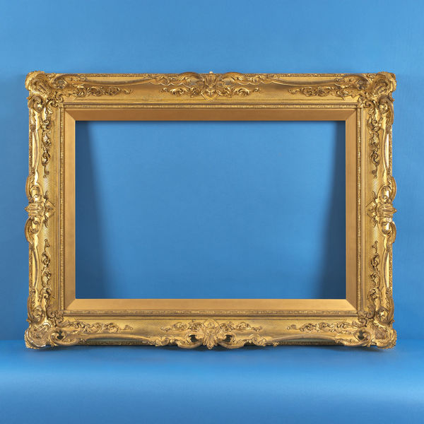 Swept frame, 19th century gilt compo swept; pierced corners and centres with foliate swags; panelled cross hatch ground; ornate front and back edges; slip rebate size: 24.25 x 36 inches sight size: 23.25 x 35.25 inches width: 5.875 inches