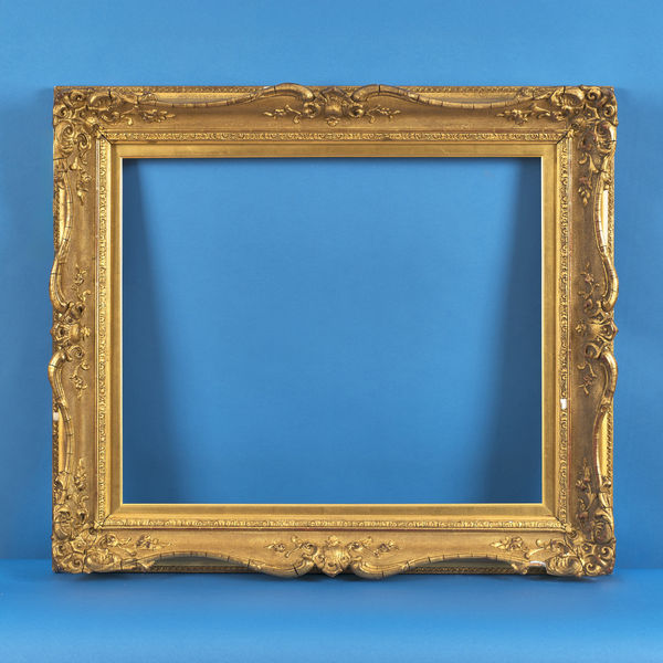 Scottish swept frame, late 19th century gilt compo swept; net ground; corners and centres with sprigs; guilloche back edge; water gilded bead and ornate inner; slip rebate size: 22 x 26.5 inches sight size: 21.5 x 26 inches width: 4.125 inches