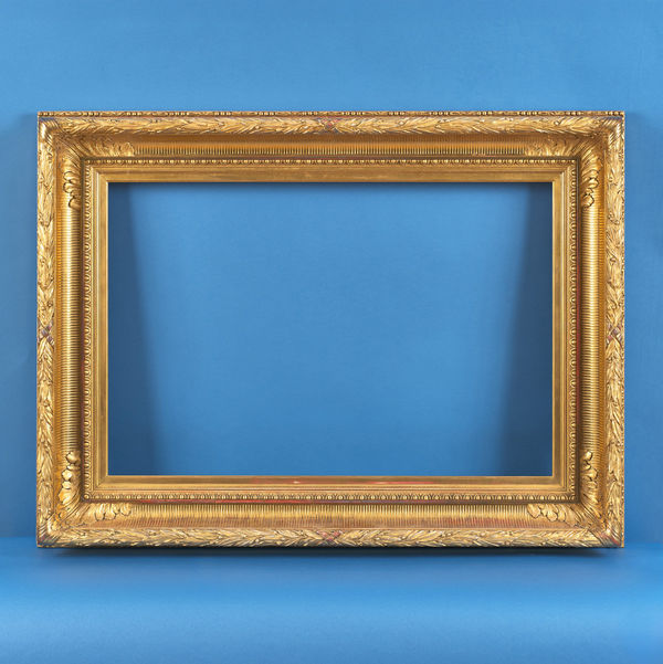 Scottish fluted hollow frame, 19th century gilt compo fluted hollow; acanthus mitre leaves; bound raking leaf and berry top edge; pearl and embellished husk back edge; egg and dart inner edge; slip rebate size: 20.25 x 30.25 inches sight size: 19.5 x 29.5 inches width: 4.75 inches