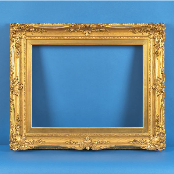 English swept frame (1 of pair), 19th century gilt compo swept; corners and centres with foliate swags; cross-hatched ground; ornate front edge; ovolo and acanthus back edge; slip rebate size: 18.375 x 24.375 inches sight size: 17.625 x 23.625 inches width: 4.75 inches