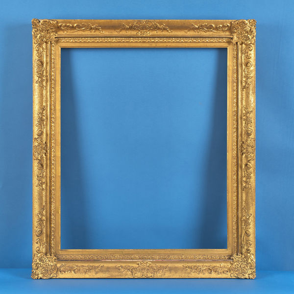 Scottish straight sided portrait frame, first half of the 19th century gilt compo straight sided portrait frame; sanded ground; foliate corners and centres with sprigs; taenia and ornate inner edge; integral slip rebate size: 30.25 x 25 inches sight size: 29.25 x 24.125 inches width: 3.875 inches