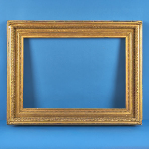 Scottish straight sided, anthemion frame, 19th century gilt compo straight sided; anthemion repeat on cushioned hollow; sanded band; bunch reed top with acanthus mitres; pearl and other repeats; slip rebate size: 23.375 x 33.25 inches sight size: 22.625 x 32.625 inches width: 5.375 inches