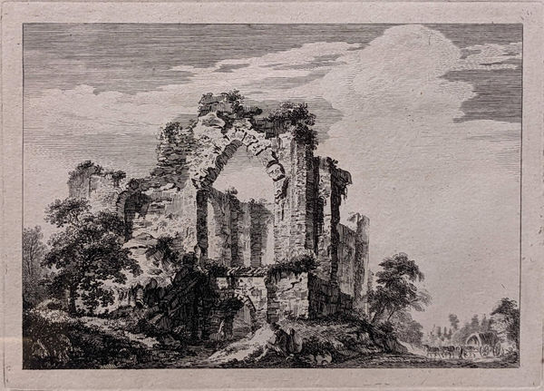 Paul Sandby, Ruins with a seated man, a covered wagon in the distance, 1758