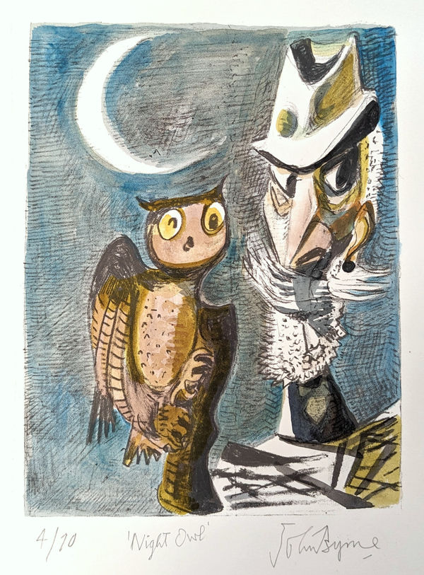 John Byrne RSA Night Owl, 2020 signed, titled and numbered 4/10 in pencil to margin hand-coloured screenprint edition of 10 13 x 10 inches