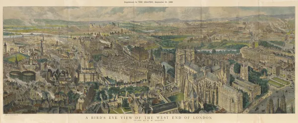 The Graphic Magazine, London - Bird's Eye View of the West End of London, 1889