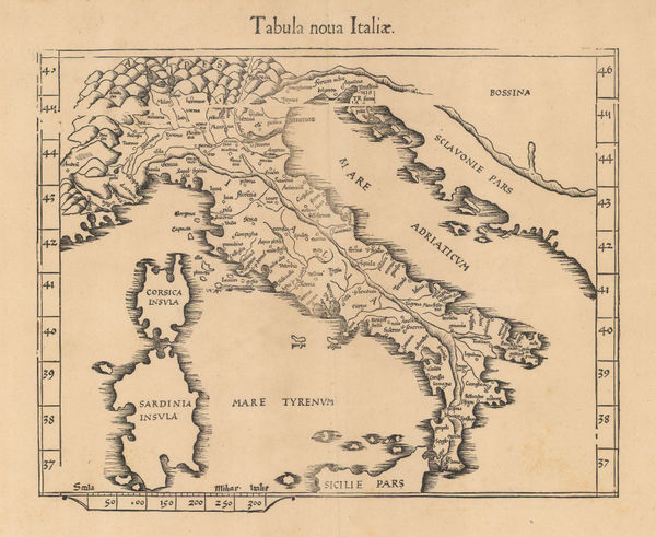 Martin Waldseemüller & Laurent Fries, Rare woodcut map of Italy, 1541
