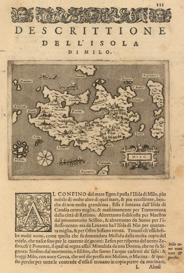 Tomaso Porcacchi, Early map of Milos, 1576