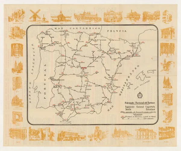 Patronato Nacional del Turismo (P.N.T), Vintage railway map of Spain, 1928 c.