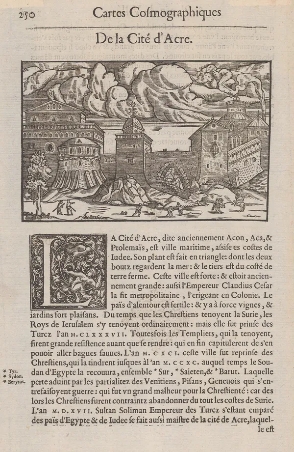 Antoine Du Pinet, Wood-cut view of the fortress at Acre, Israel, 1564