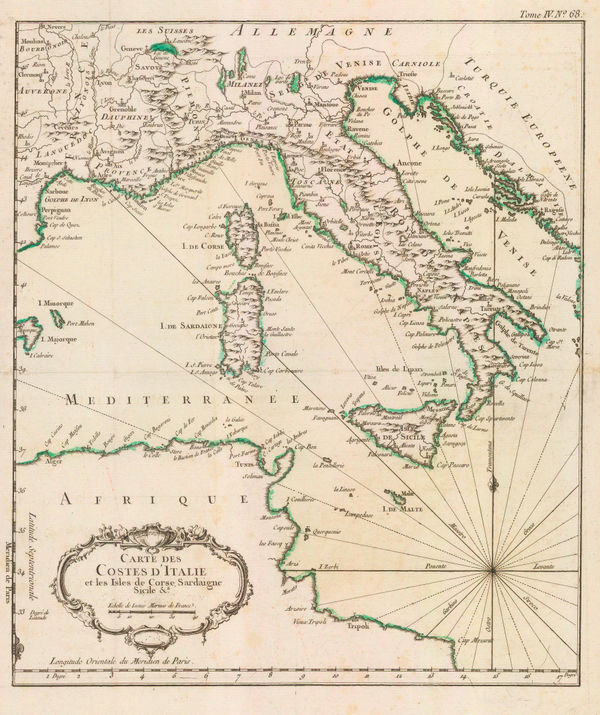 Jacques-Nicolas Bellin, The Coasts of Italy, Sardinia & Corsica, 1764