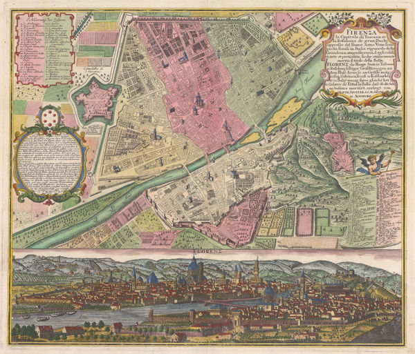 Matthaus Seutter, City plan and panorama of Florence, 1740 c.