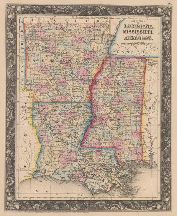 Samuel Augustus Mitchell, County Map of Louisiana, Mississippi and Arkansas, 1860