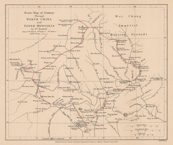 Royal Geographical Society (RGS), Route Map of Journey Through North China and Inner Mongolia, 1874