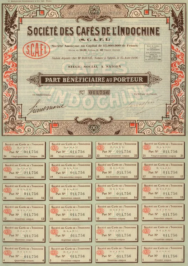 H. Baguenier Desorme, Stocks & Bonds - Indochina, Societe des Cafes de l'Indochine, 1926