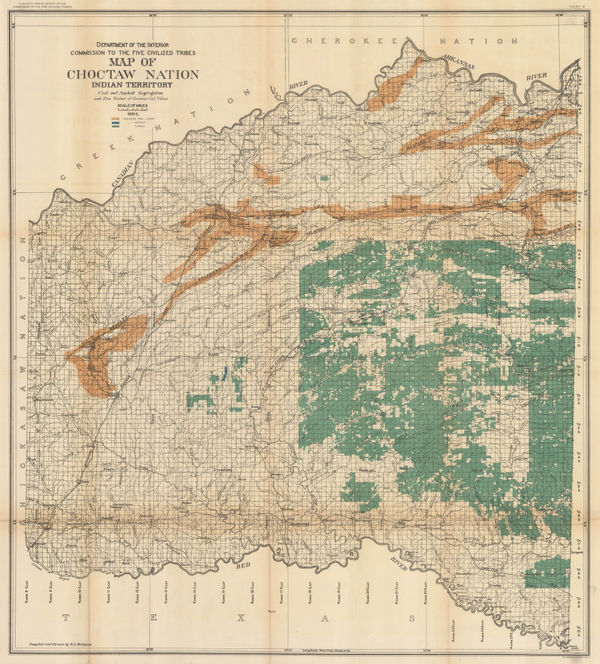 Dawes Commission, Map of Choctaw Nation. Indian Territory, Coal and Asphalt Segregation, 1904