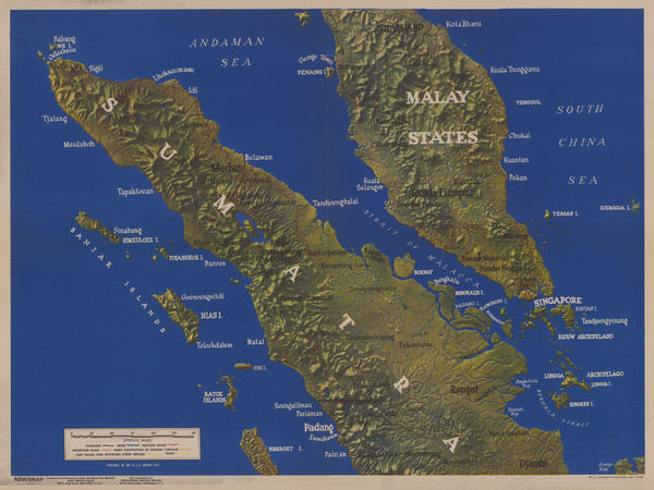 US Government, WW2-era terrain map of the Malay Peninsula, Singapore, and Sumatra, 1945