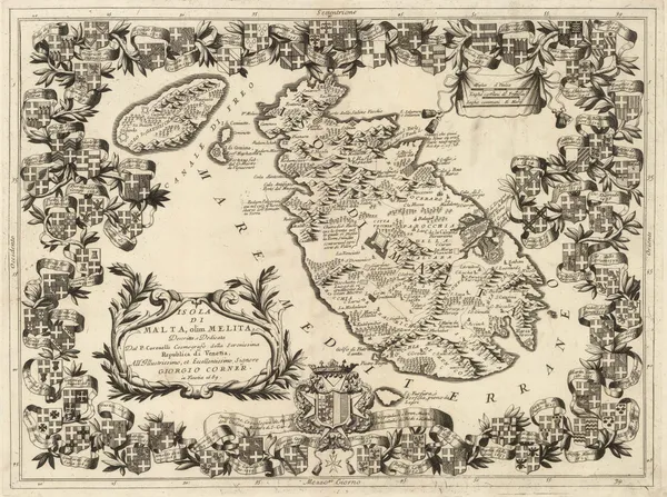 Vincenzo Coronelli, Decorative map of Malta, 1692