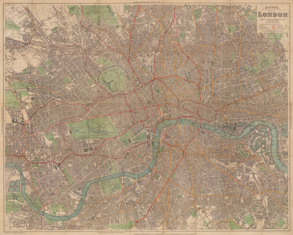 George W. Bacon, Bacon's New Map of London, Divided into Half-Mile Squares and Circles from Charing Cross, 1925 c.