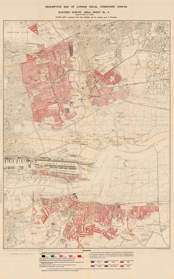 Charles Booth, Poverty Map of Royal Docks, Barking & Woolwich, 1930
