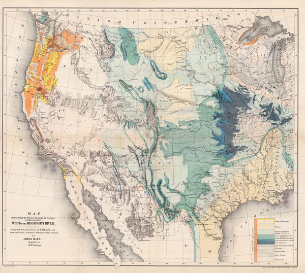 James Hall, Map Illustrating the General Geological features of the Country West of the Mississippi River, 1857