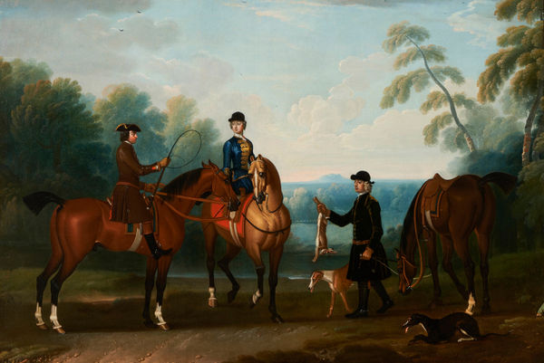 James Seymour & Thomas Spencer, An elegant lady and gentleman hare coursing in an extensive landscape