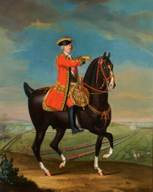 David Morier (c.1705–1770 London), An equestrian portrait of Field Marshal Sir John Ligonier, 1st Earl of Ligonier (1680–1770) with the Battle of Lauffeldt beyond