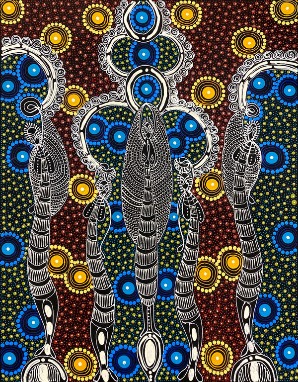 Dreamtime Sisters by Colleen Wallace, 2024, acrylic on canvas, 44.5 x 58 cm