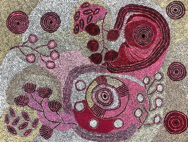 Wangunu (Bush Damper Seed) and Ili (Wild Fig) by Alison Munti Riley, 2023, acrylic on Belgian linen, 90 x 120 cm